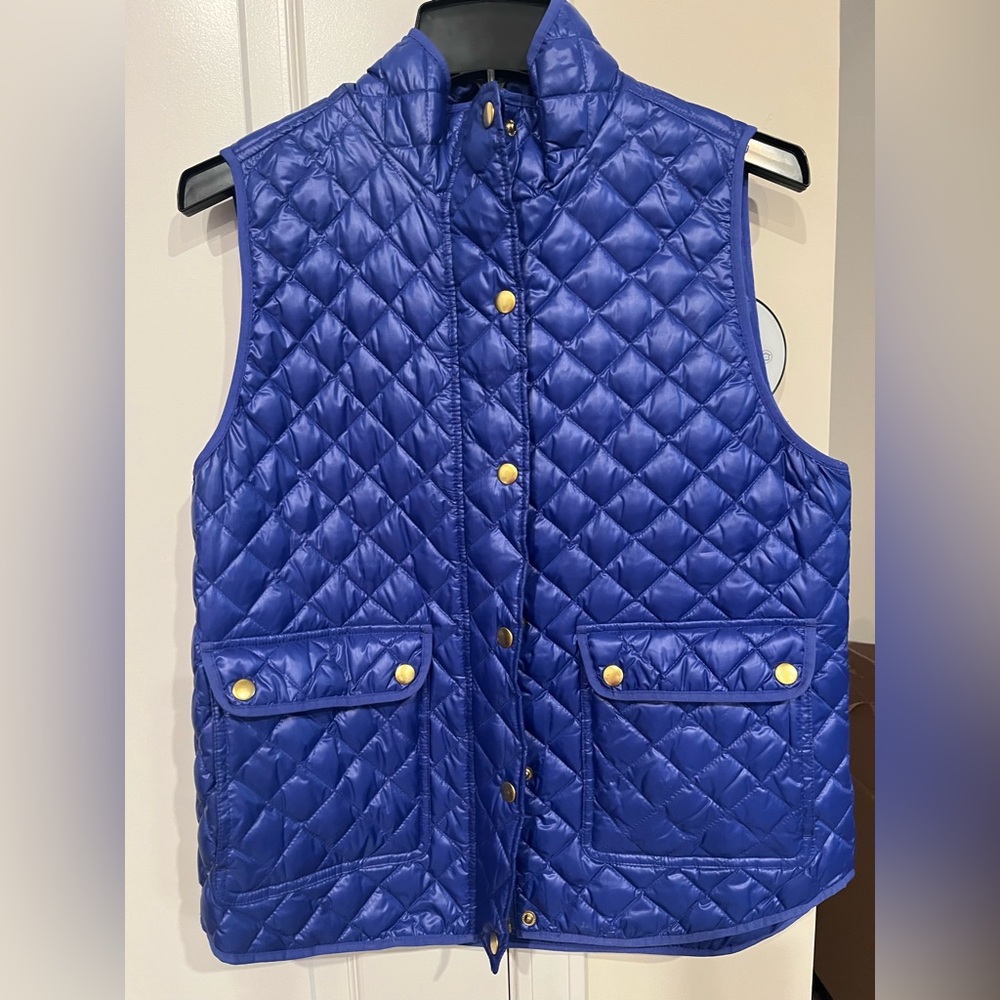 J crew shiny Quilted Blue puffer Vest with Gold Buttons
